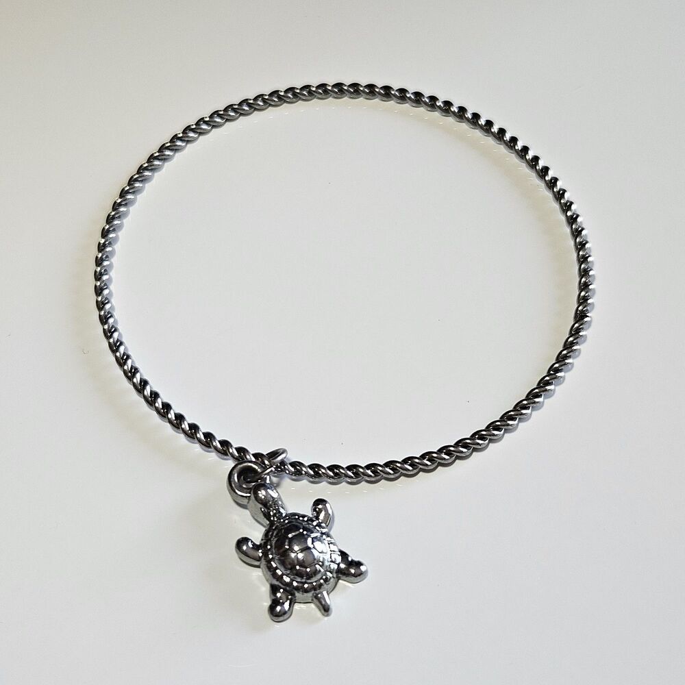 Silver Tone Turtle Charm Twisted Bangle Bracelet 8.25"